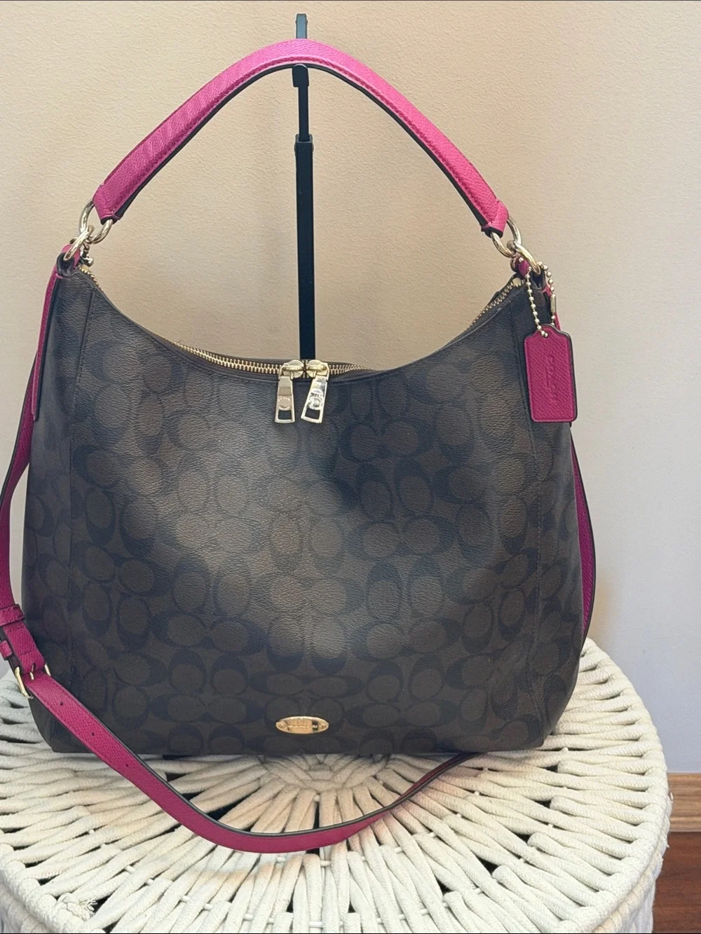 Coach Celeste Convertible Brown Signature Hobo with Fuchsia Leather Accents